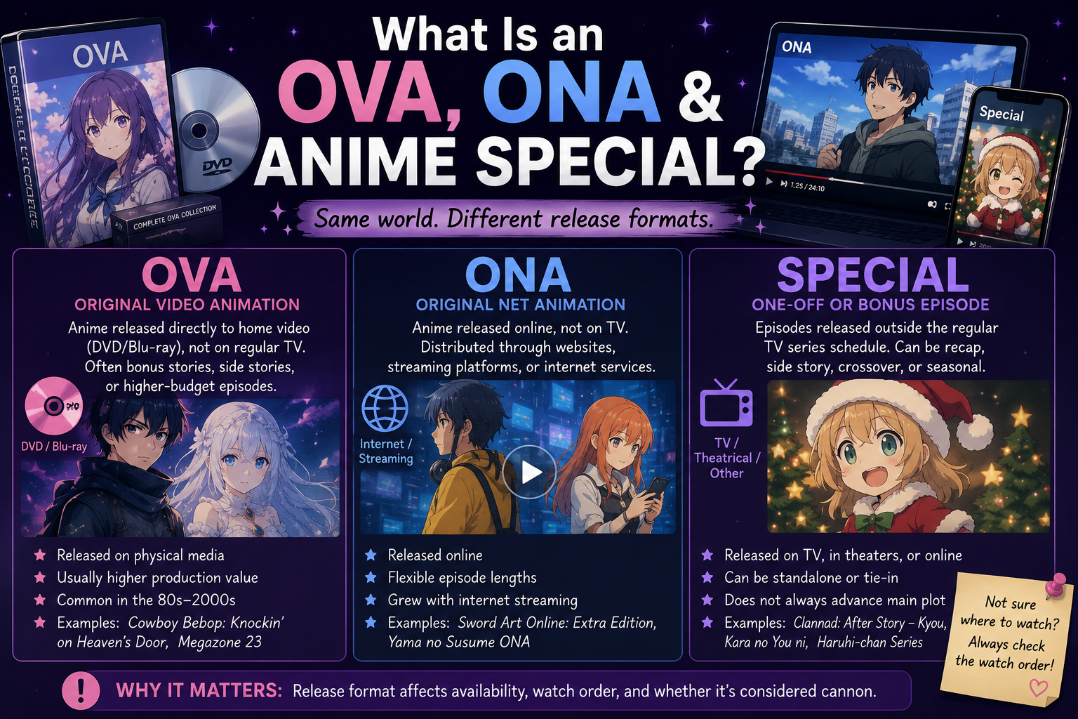 Anime 101 infographic explaining the differences between OVA, ONA, and anime specials