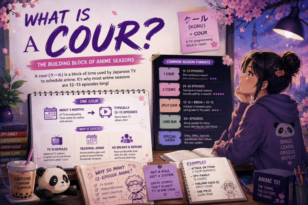 Anime 101 infographic explaining what a cour is, including one-cour, two-cour, split-cour, and long-running anime schedules