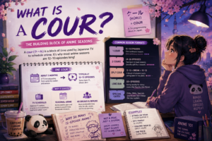 Anime 101 infographic explaining what a cour is, including one-cour, two-cour, split-cour, and long-running anime schedules
