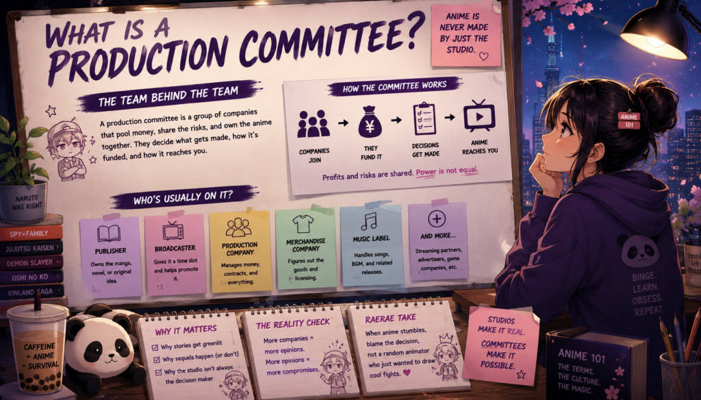 Anime 101 infographic explaining how Japanese anime production committees bring publishers, broadcasters, production companies, music labels, merchandise companies, and other partners together