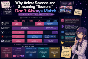 Anime 101 infographic explaining why Japanese anime broadcast cours, production seasons, streaming seasons, split cours, specials, and OVAs may be grouped differently across platforms