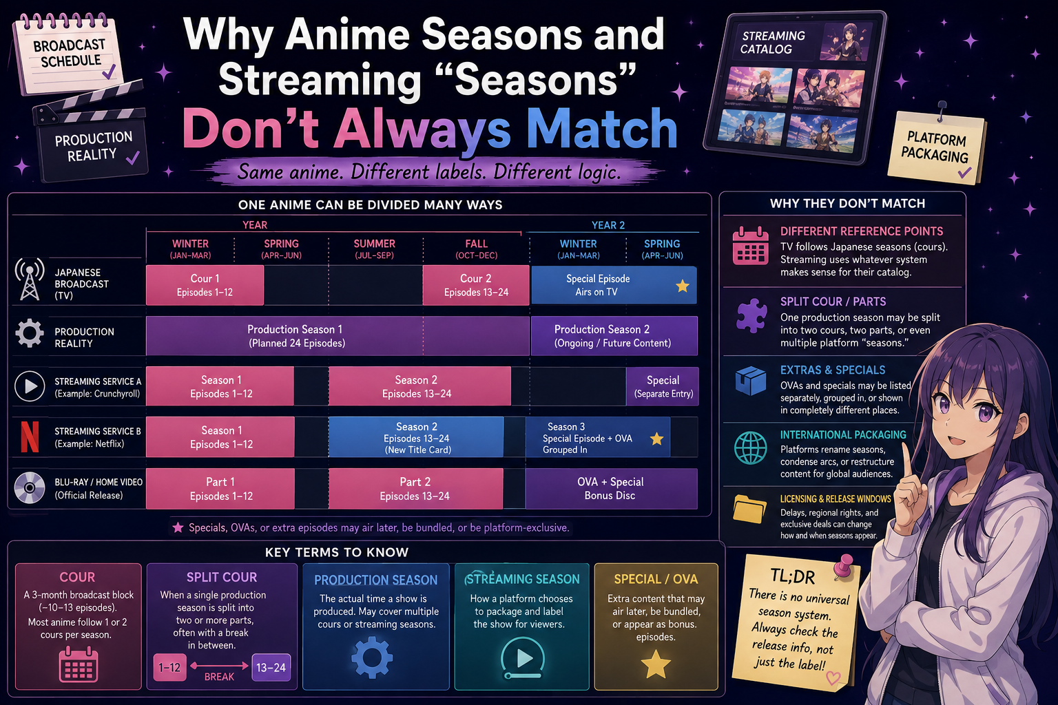 Anime 101 infographic explaining why Japanese anime broadcast cours, production seasons, streaming seasons, split cours, specials and OVAs may be grouped differently