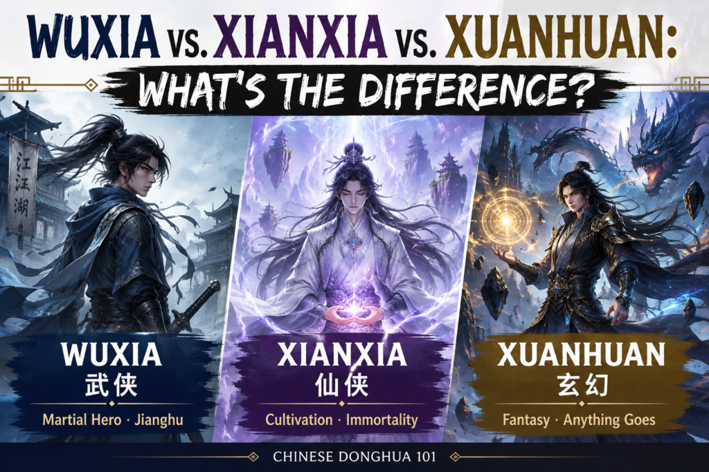Chinese Donghua 101 featured image comparing Wuxia martial heroes, Xianxia immortal cultivation, and Xuanhuan fantasy worlds