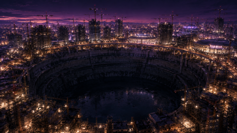 Original fan art of a vast tidy empty crater at the center of a city, ringed by floodlit tower cranes and half-built skyscrapers crowding right up to its edge at dusk