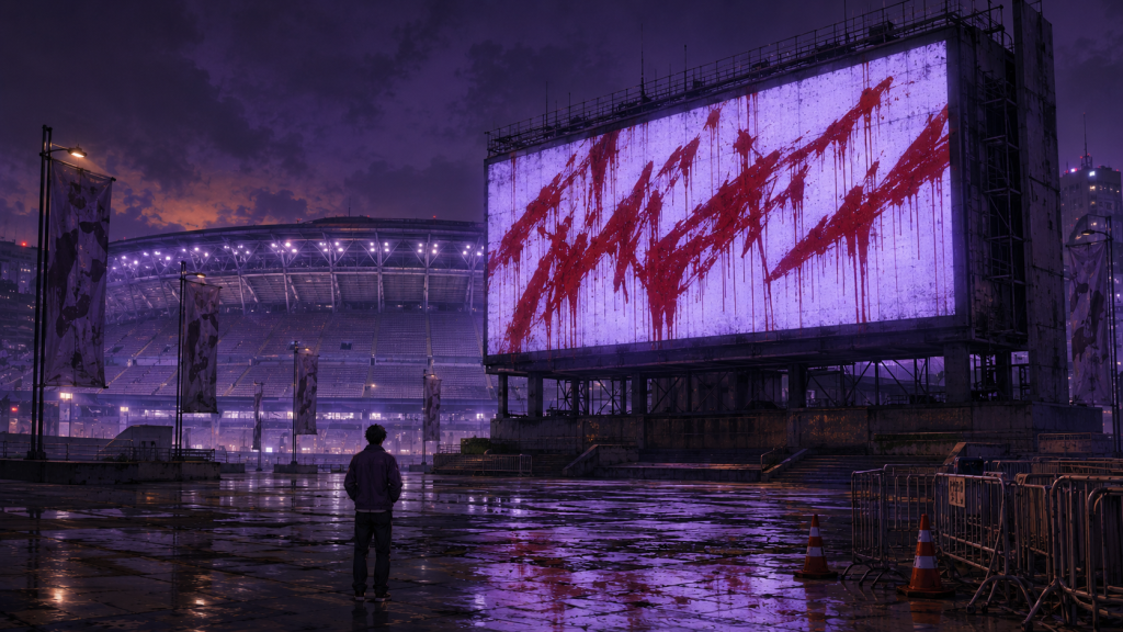 Original fan art of a vandalized civic countdown board on a rain-slick plaza before an empty illuminated stadium at dusk, one small figure looking up at it