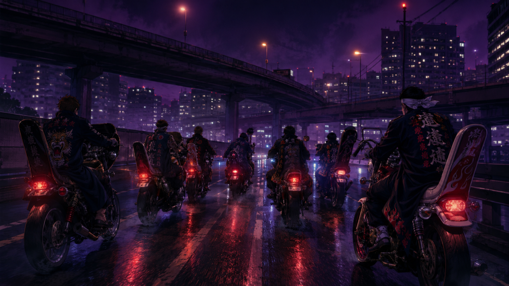Original fan art depicting 1980s Japanese bosozoku biker gang youths in tokko-fuku coats riding modified motorcycles along a violet-lit Tokyo expressway at night