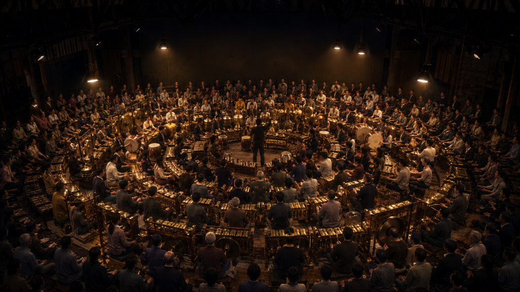 Original fan art of a vast ensemble in everyday clothing seated in concentric rings around bronze gamelan instruments and drums in a lamp-lit wooden hall, performing toward a blank dark wall