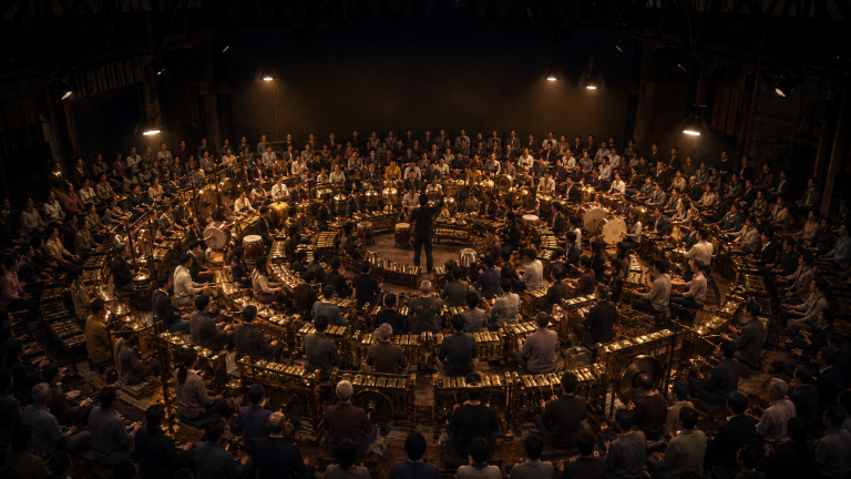 Original fan art of a vast ensemble in everyday clothing seated in concentric rings around bronze gamelan instruments and drums in a lamp-lit wooden hall, performing toward a blank dark wall