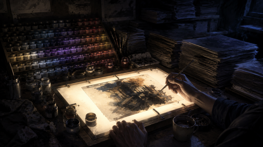 Original fan art of a night-time animation desk, a glowing lightbox holding a half-painted cel, a tiered rack of hundreds of graded paint jars, and stacks of finished cels receding into darkness
