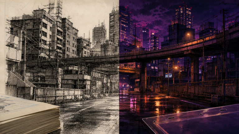 Original fan art of a single dystopian city street split down the centre, the left half rendered as black-and-white manga ink and screentone, the right half as fully painted color animation