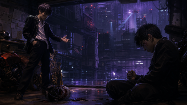Kaneda and Tetsuo stand apart beneath Neo-Tokyo lights as their friendship collapses under masculine hierarchy