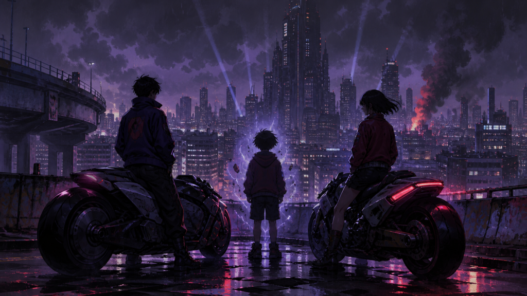 Kaneda, Tetsuo, Kei, and Akira’s major supporting figures framed by Neo-Tokyo