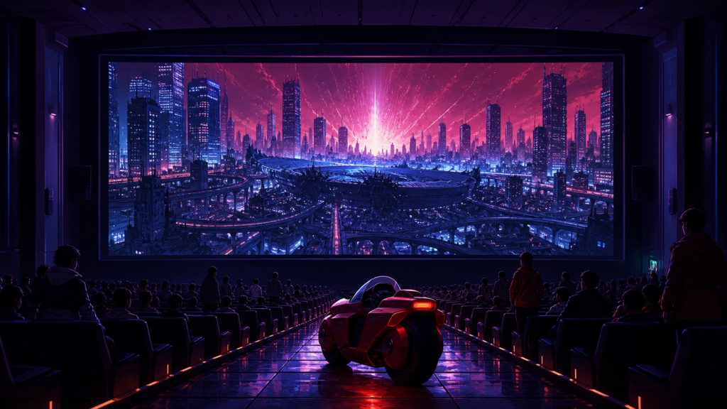 Akira 4K IMAX rerelease fan art showing a red motorcycle inside a packed theater facing Neo-Tokyo