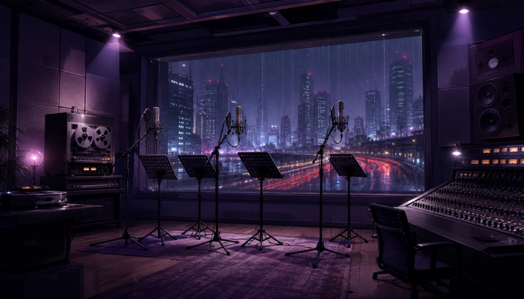 Recording studio inspired by Akira with microphones, scripts, and Neo-Tokyo visible beyond the glass