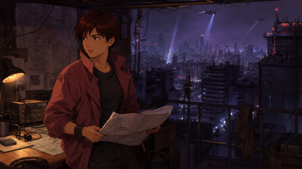 Original Akira-inspired character portrait of Kei in Neo-Tokyo.