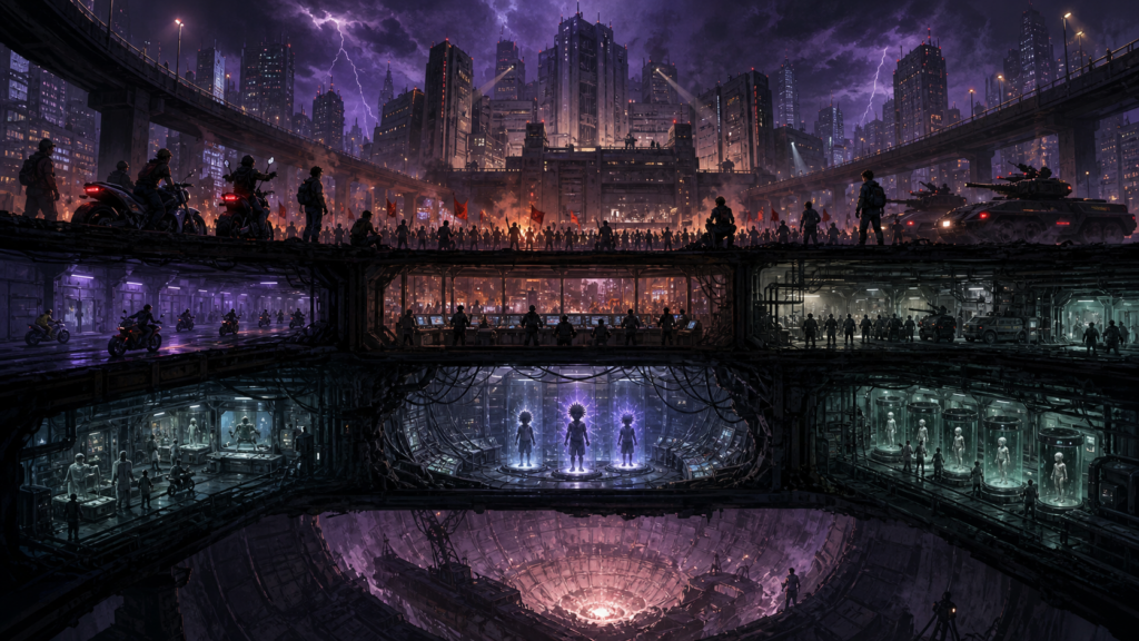 Neo-Tokyo city plans, psychic research files, and reconstruction maps arranged as an Akira lore archive