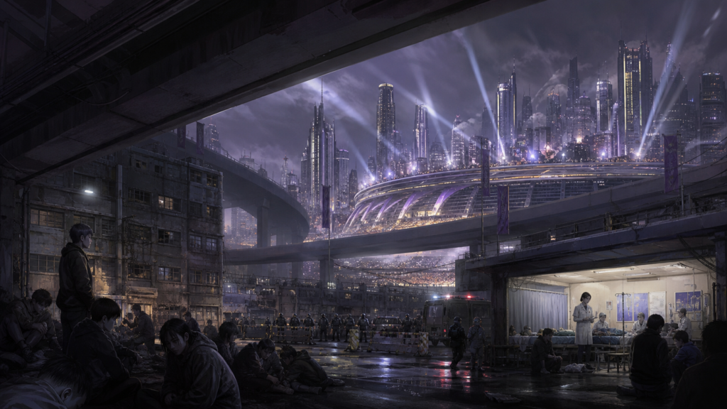 Neo-Tokyo reconstruction crews rebuild elevated highways while residents face unequal recovery after Akira’s destruction