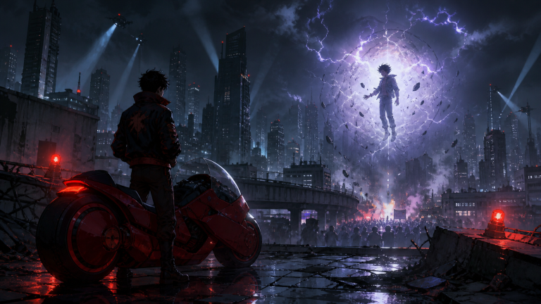Original Akira Review fan art with a teenage biker facing a psychic rupture above a rain-dark futuristic city