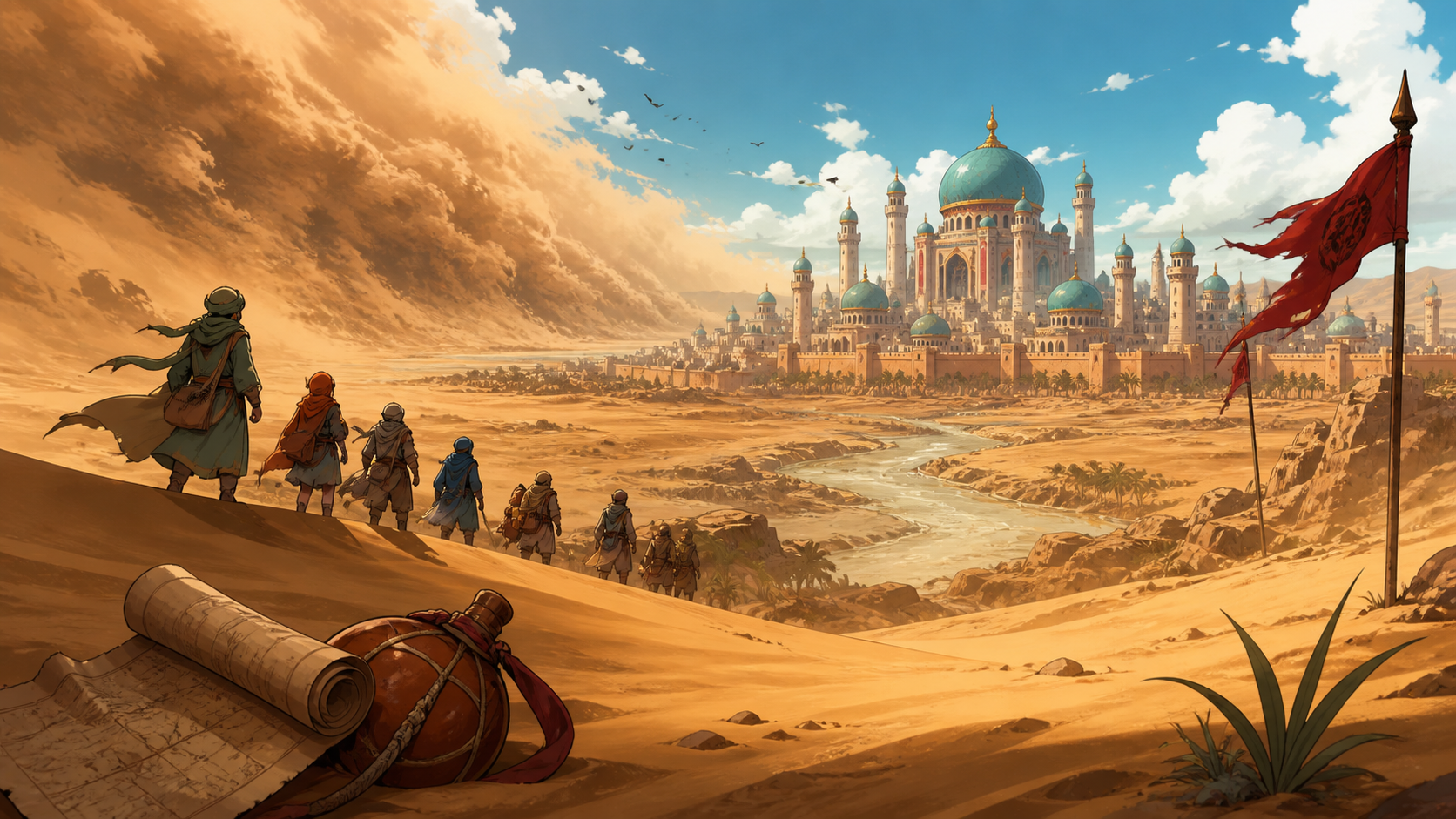 Travelers cross a divided desert toward Alabasta capital beneath a sandstorm