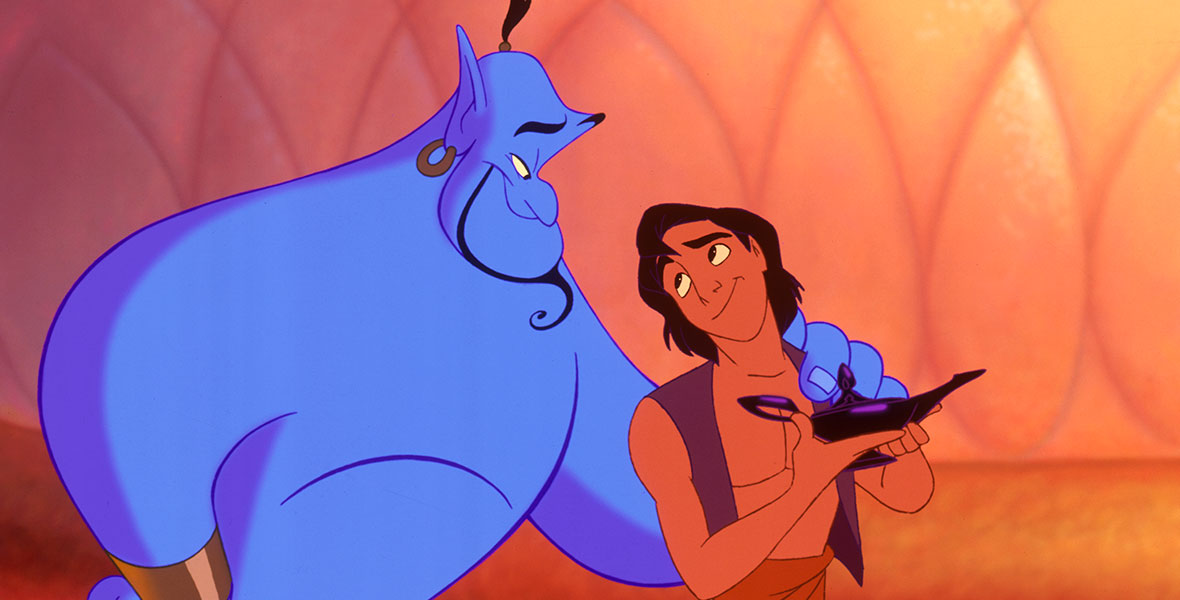 Aladdin and Jasmine flying over Agrabah in official archival artwork