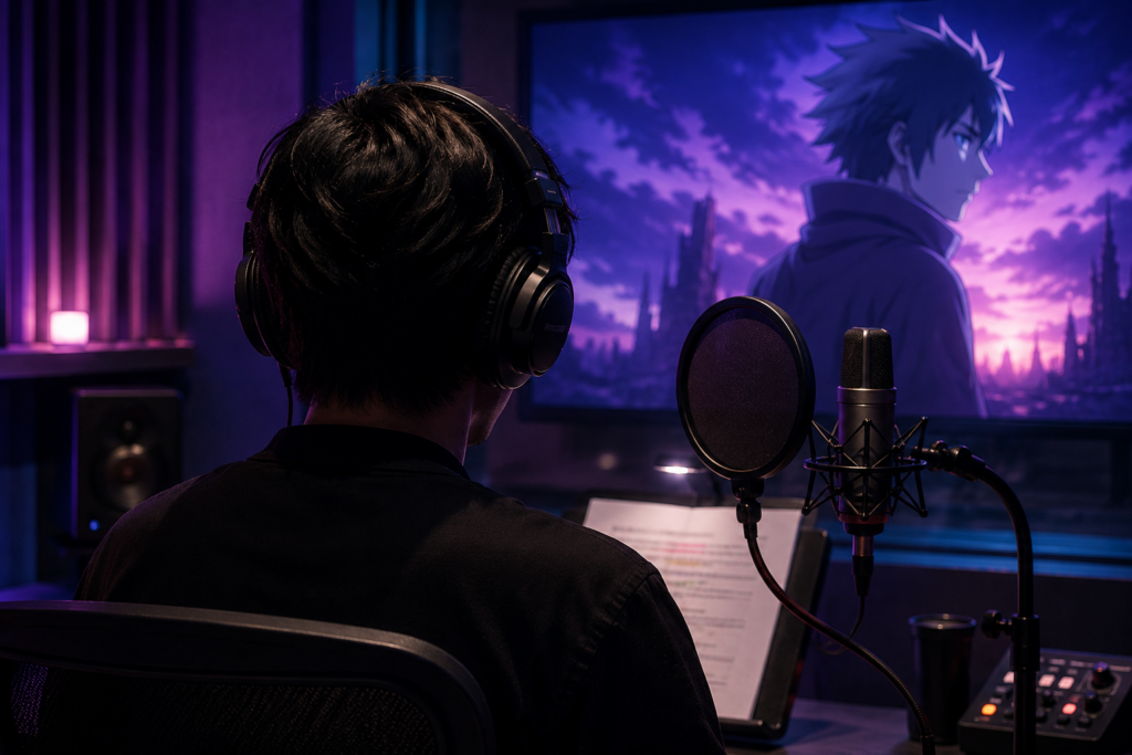 Voice actor wearing headphones recording dialogue at a studio microphone while watching an animated scene