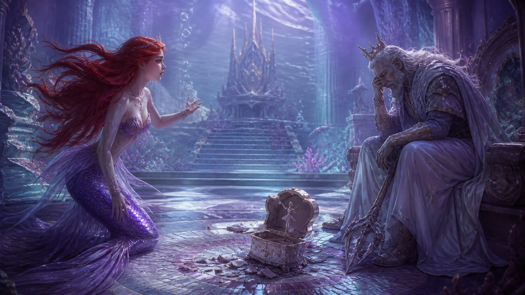 Original fan art of a young mermaid confronting her grieving father beside a broken music box