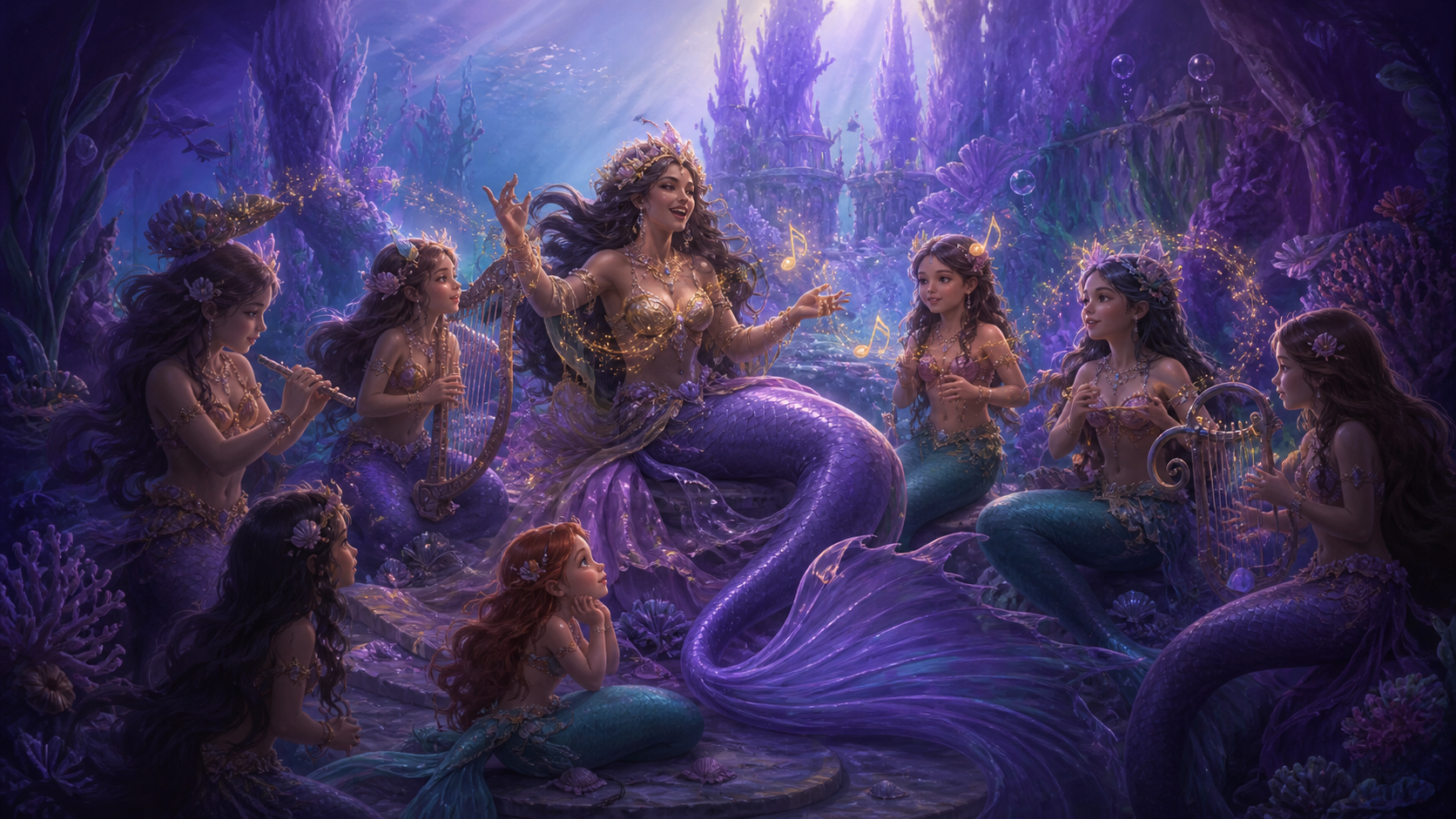 Original fan art of a queen mermaid teaching seven daughters to make music in a coral garden
