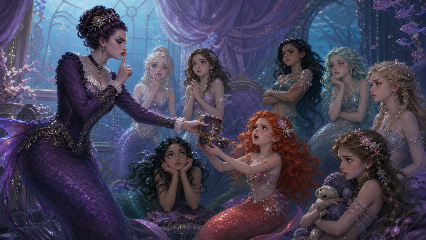 Original fan art of a strict mermaid governess confiscating a music box from seven sisters