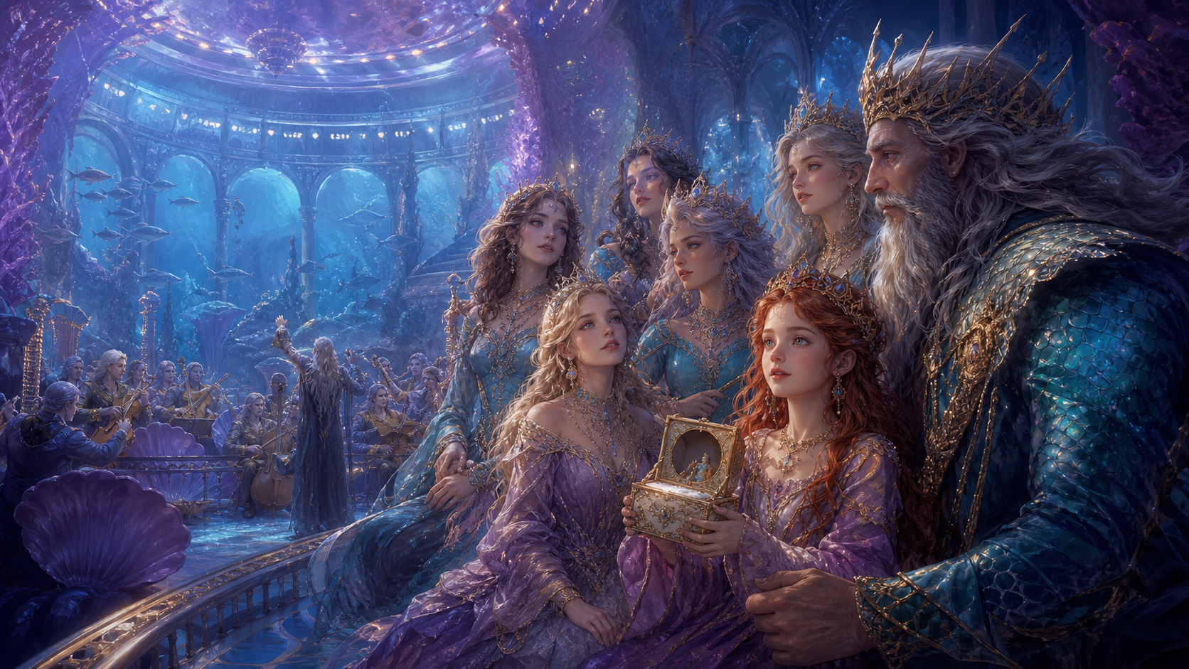 Original fan art of a sea king and seven daughters reopening an underwater concert hall