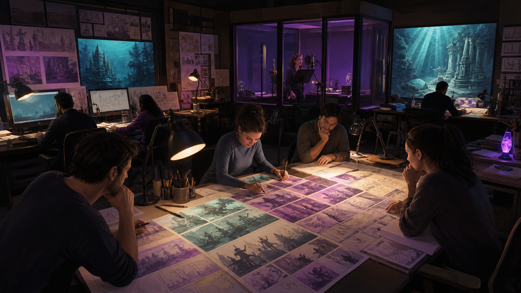 Original editorial art of animation artists developing an underwater musical feature
