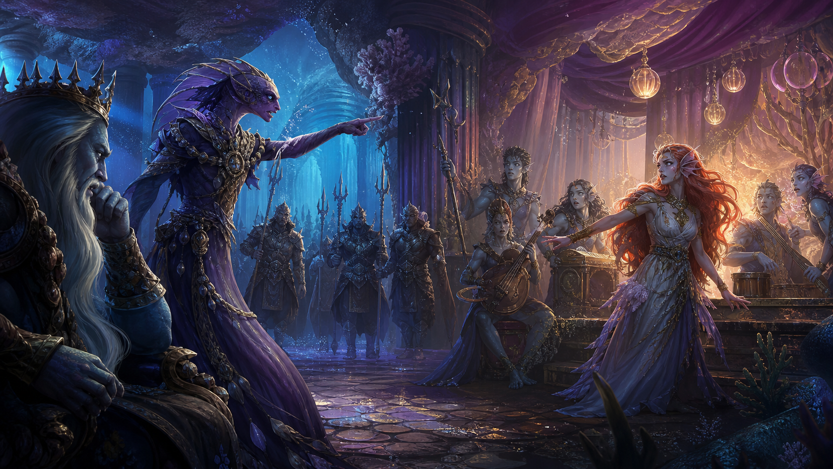 Original fan art of a palace spy exposing an underwater band while a young princess protects the musicians
