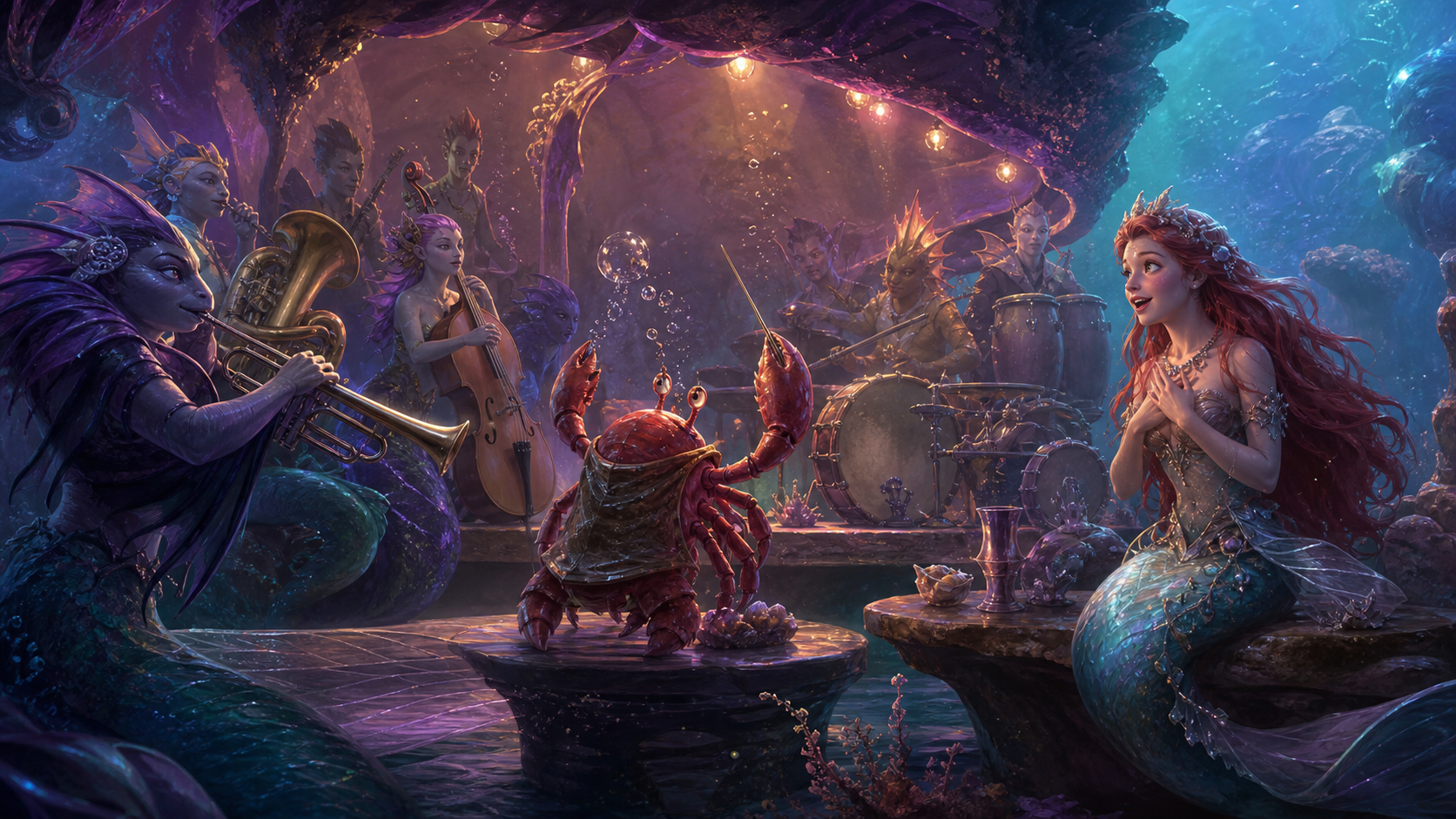 Original fan art of merfolk musicians performing in a hidden coral club as a young princess discovers joy