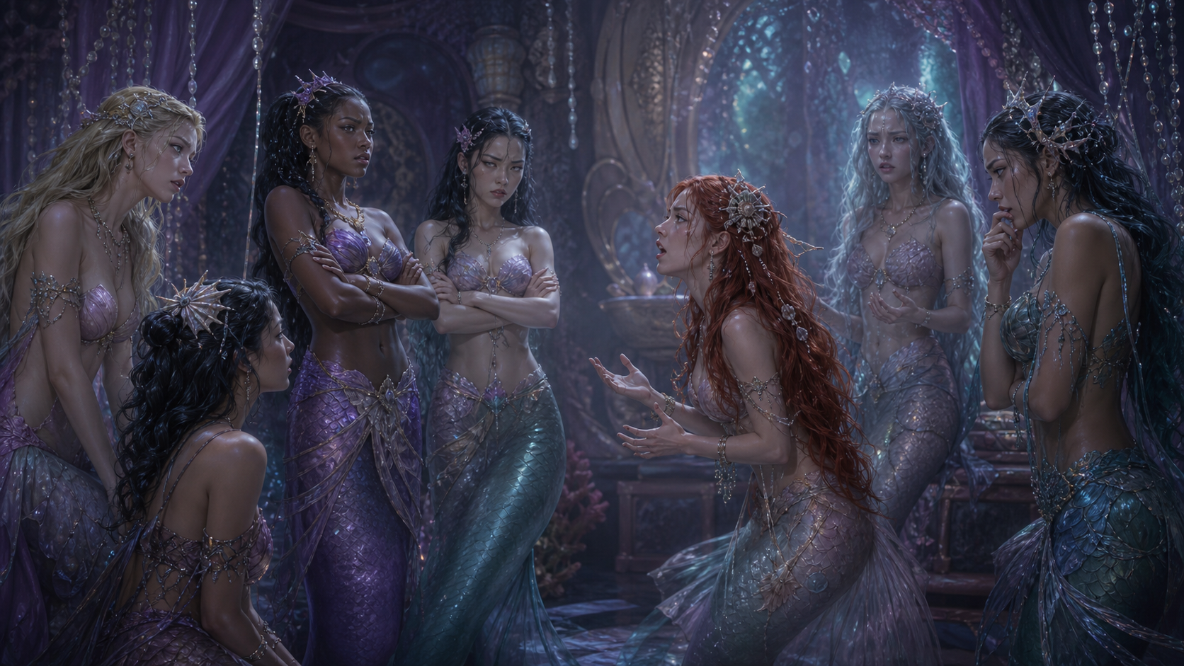 Original fan art of seven mermaid sisters arguing about truth, grief, and forbidden music