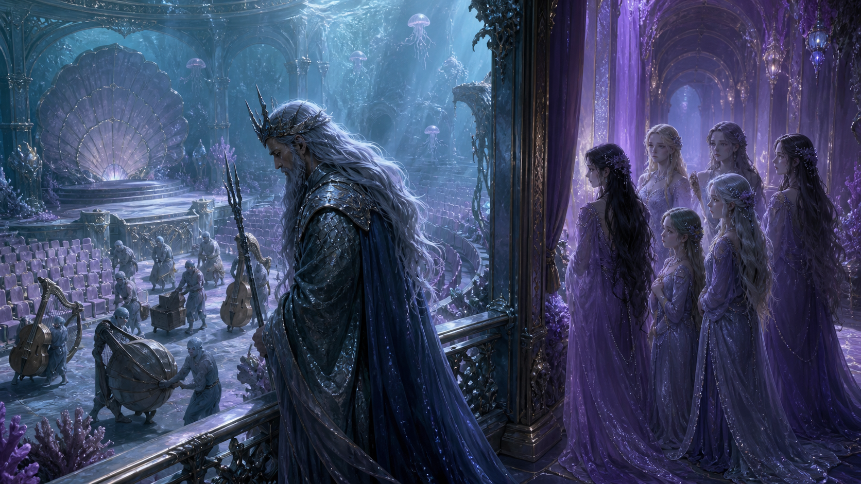 Original fan art of a grieving sea king closing an underwater concert hall while his daughters watch