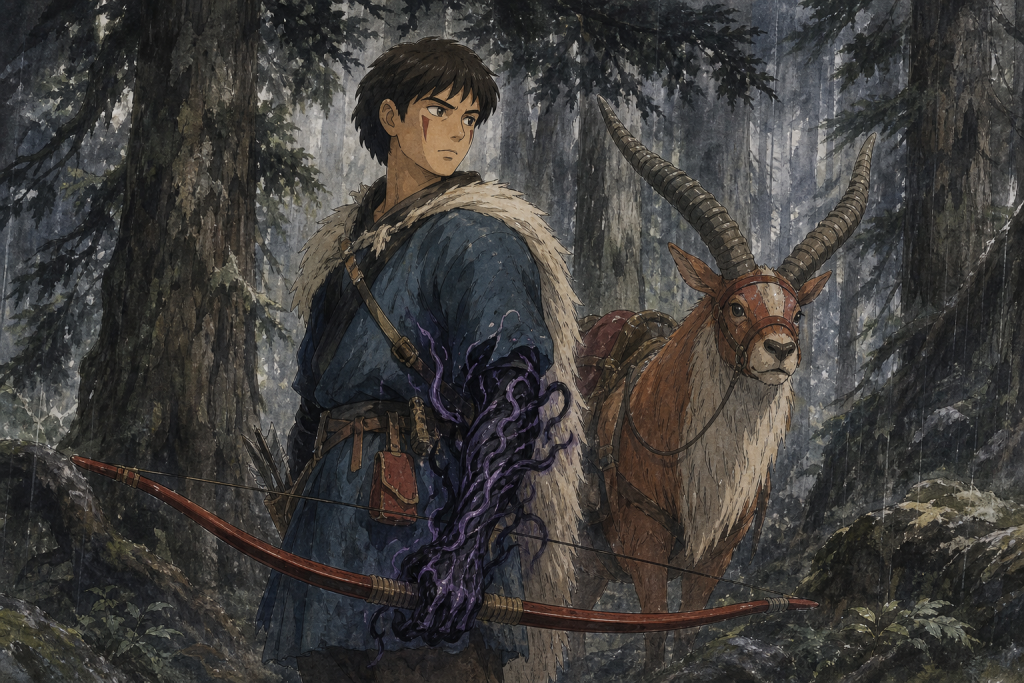 D:\CVM Sekai\CVM Sekai Website\Website\Website Images\Anime\Princess Mononoke\Characters\ashitaka-character-profile.png Ashitaka Character Profile Ashitaka beside Yakul with the curse visible on his right arm in a rain-dark forest[2]