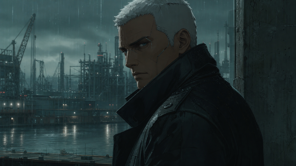 Batou, a broad cybernetic Section 9 operative, standing beside a rainy industrial harbor