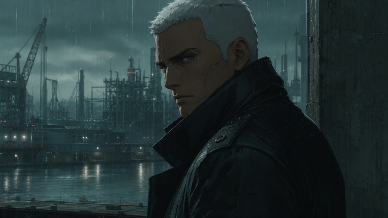 Batou, a broad cybernetic Section 9 operative, standing beside a rainy industrial harbor