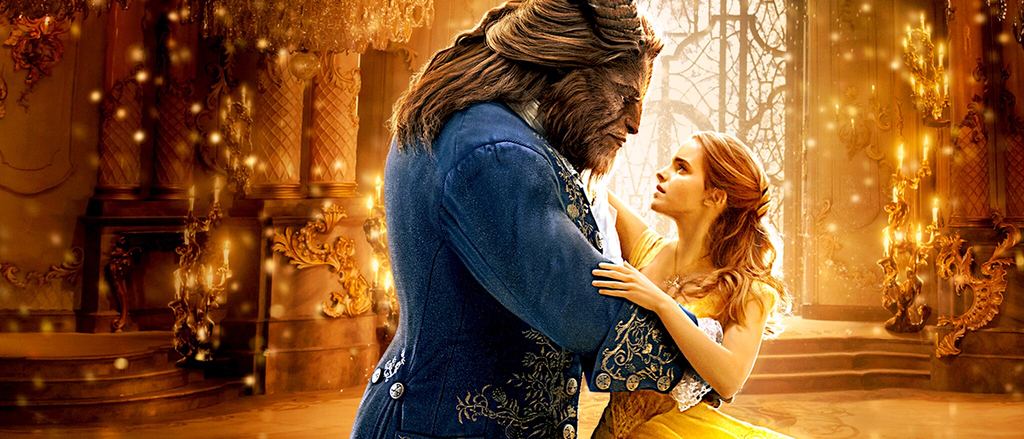 Belle and the Beast face one another in the enchanted ballroom in Beauty and the Beast 2017
