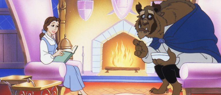 Belle reads with the Beast and enchanted castle household in Belle’s Magical World