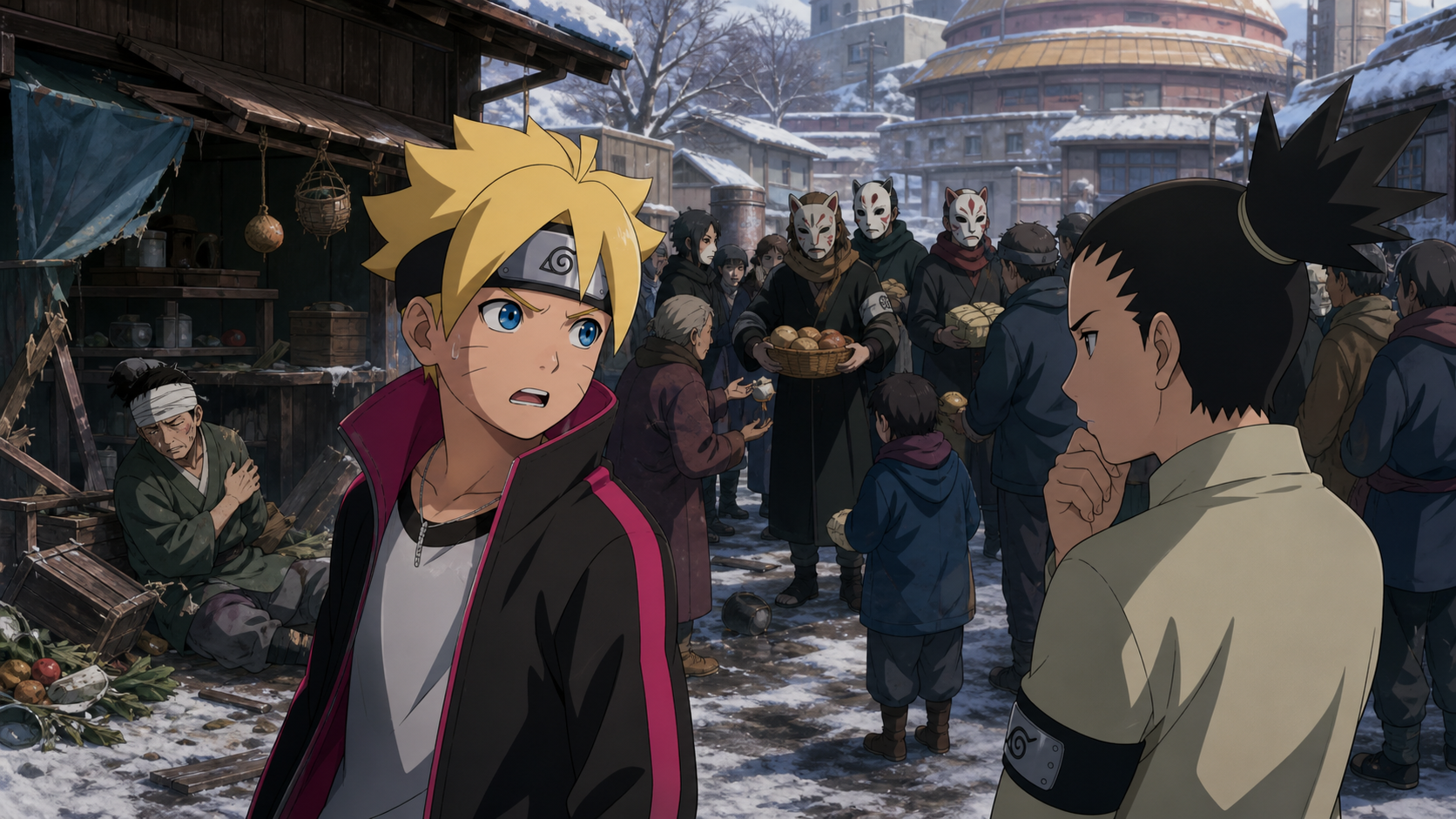 Boruto and Shikadai watch the Byakuya Gang distribute stolen goods while harmed workers remain visible in Boruto Episode 43