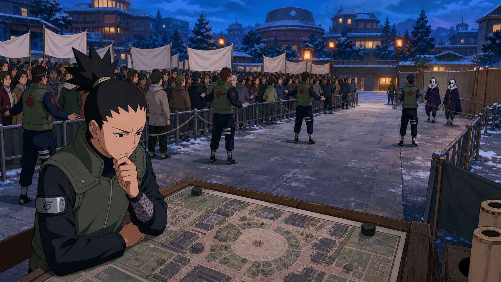 Shikadai studies a protest deployment map while Konoha shinobi protect civilians in Boruto Episode 46
