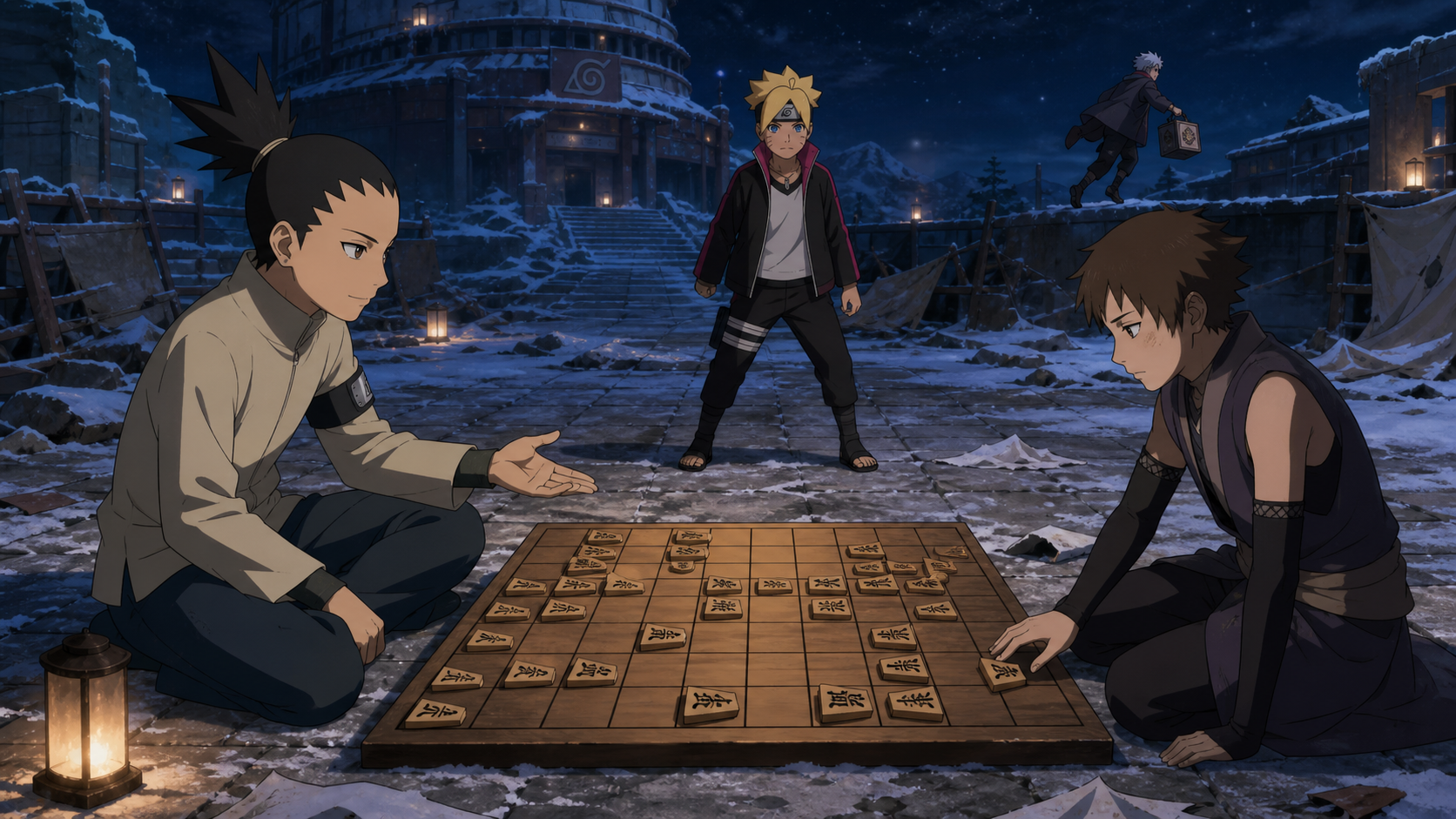 Shikadai challenges Ryogi across a symbolic shogi board while Gekko flees with stolen technology in Boruto Episode 47
