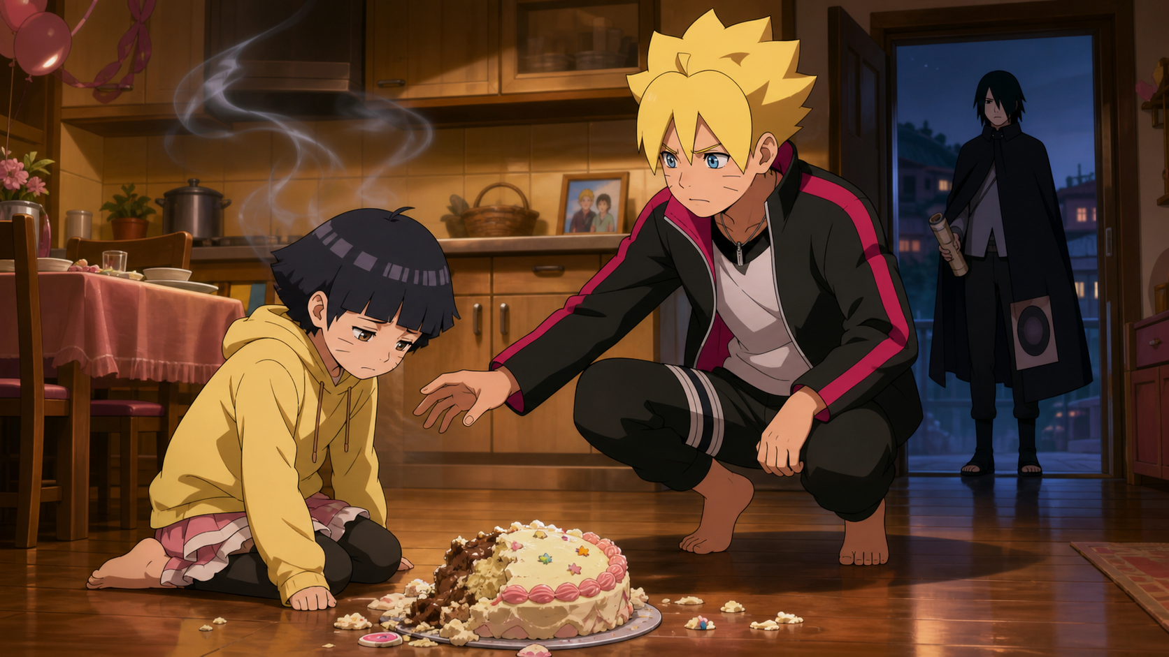 Himawari faces a fallen birthday cake after Narutos shadow clone vanishes in Boruto Episode 53