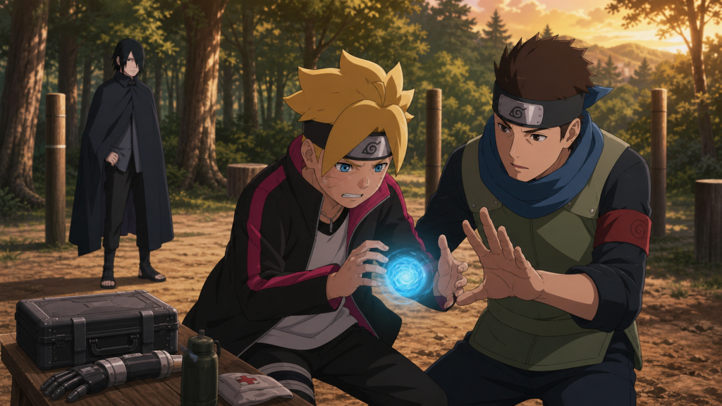 Boruto trains a Rasengan between mentors Sasuke and Konohamaru while Katasukes shortcut waits nearby in Boruto Episode 54