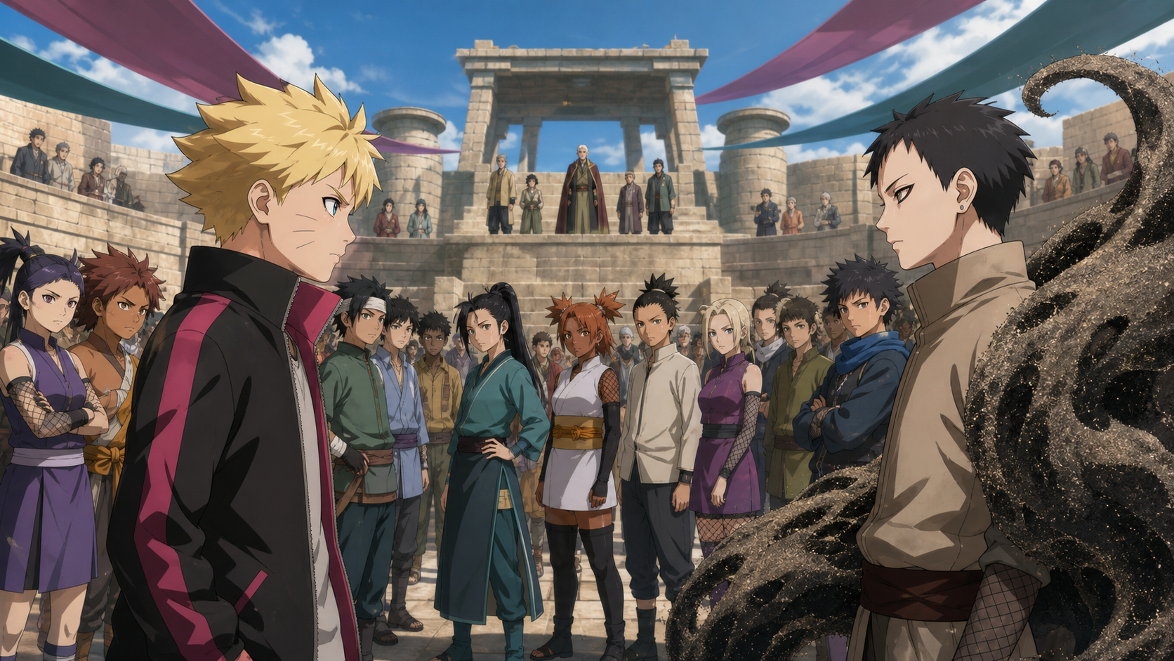 Boruto and Shinki face the gathered Chunin Exam rivals in Boruto Episode 56