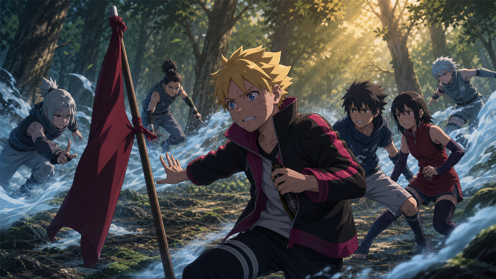 Boruto hides a scientific ninja tool while defending Team 7s flag in Boruto Episode 57