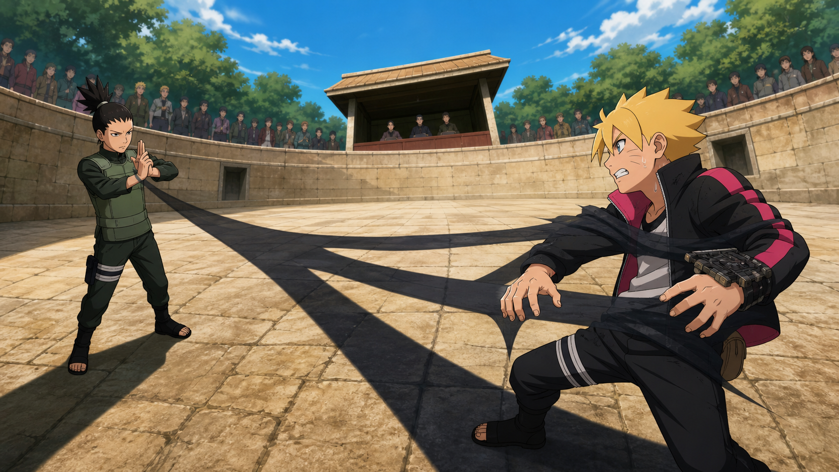 Boruto faces Shikadai in the Chunin Exam arena while concealing a scientific ninja tool in Episode 59