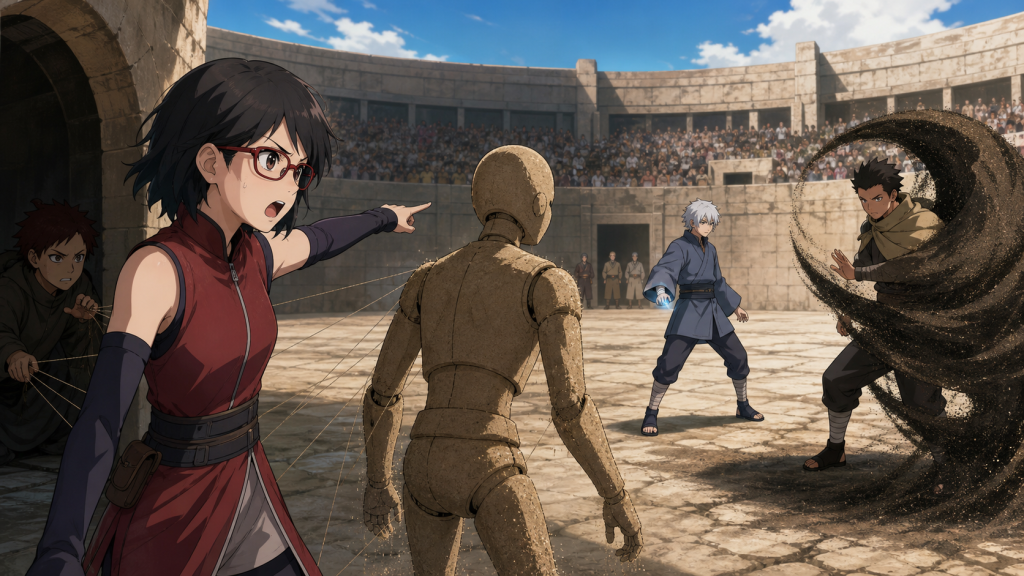 Sarada discovers Arayas puppet while Mitsuki faces Shinki in Boruto Episode 60