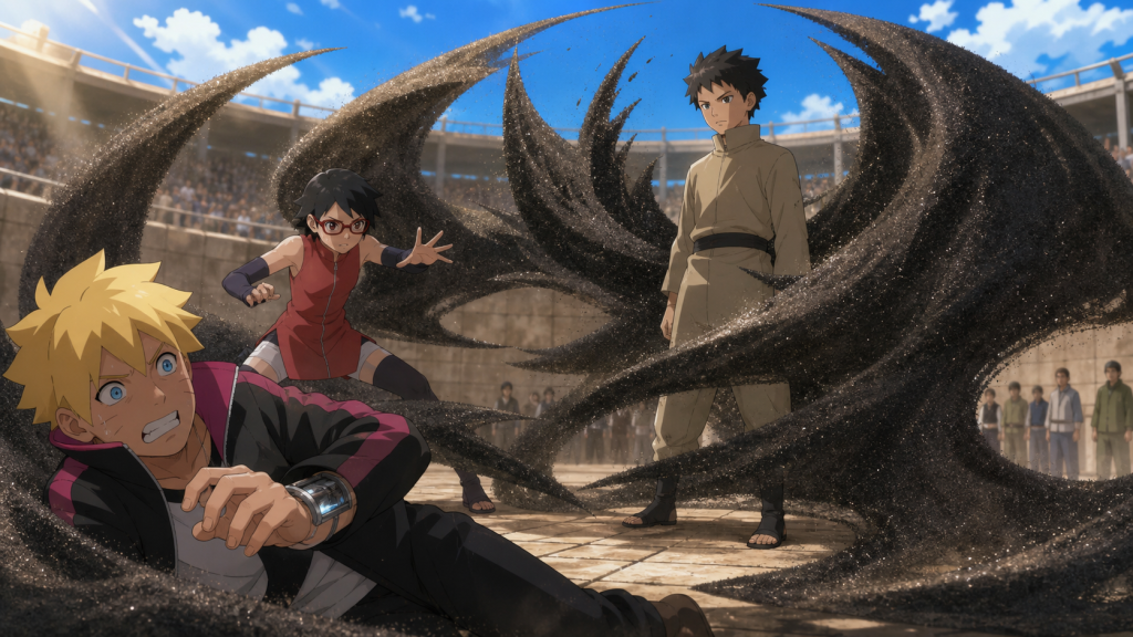 Shinki surrounds Boruto and Sarada with Iron Sand before the cheating exposure in Boruto Episode 61