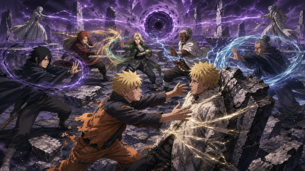 Boruto reaches Naruto as Sasuke and the Five Kage battle in the Otsutsuki dimension in Episode 64